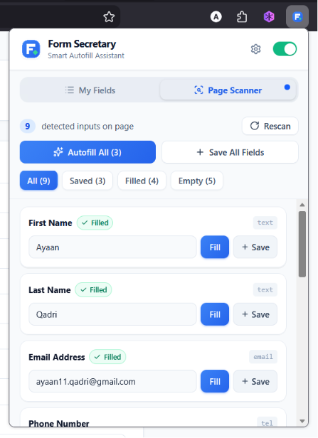 Form Secretary extension in action autofilling form fields