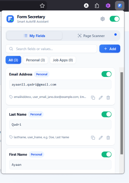 Form Secretary popup interface with active page scanner and shortcuts
