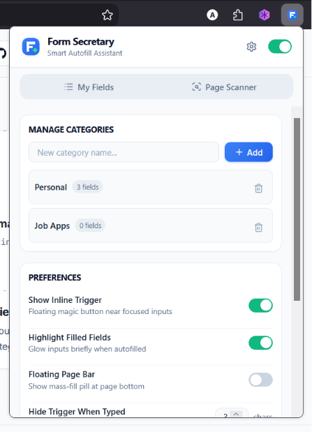Form Secretary settings and custom categories management
